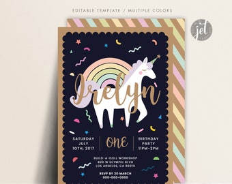 Unicorn Invitation, Unicorn Birthday Invitation, Unicorn Party Invitation, Rainbow Unicorn confetti kawaii Unicorn Invitation DIGITAL FILE