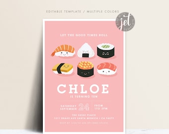 Sushi Birthday Invite, Kawaii Sushi Baby shower Invitation, First Birthday Invitation Doljanchi Party Invite, digital only printable