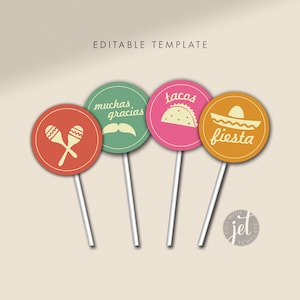 Topper Fiesta Cupcake, Festa Mexicana Cinco De Mayo, Muchas Gracias, Chapéu, Maracas, bigode, taco, Amarelo, Vermelho, Verde, Rosa DOWNLOAD INSTANTÂNEO