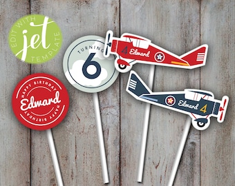 May include: Four cupcake toppers featuring a red and blue airplane design with the text "Edward 4" and a green circle with the text "Edit with jet template". There is also a blue and white circle with the number "6" and the text "Turning" and a red circle with the text "Happy Birthday Edward Happy Birthday".