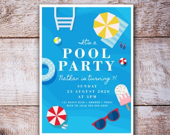 Pool Party Swim Birthday Boy Invitation First Birthday Invitation Doljanchi Summer Party Ice Cream and Sunglasses Printable