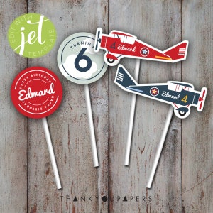 Airplane Cupcake topper, Airplane party, Airplane Birthday Party, Red Vintage Airplane Clouds, CUSTOM DIGITAL DOWNLOAD