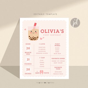 Boba Bubble Tea Tapioka Milch Party Pink Doljanchi Zhuaxi Geburtstag Tafel Meilenstein Poster 16x20 First Digital Printable