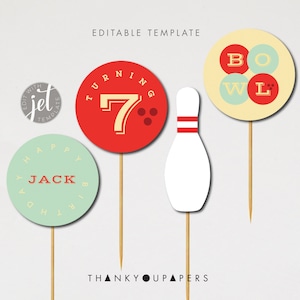 Retro Bowling Birthday Cupcake Topper. Retro (Personalized DIY Printables)