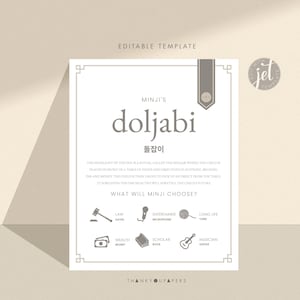 Doljabi Board Sign, Modern Dohl, Printable Template, Zhuazhou, Doljanchi Traditional Korean First Birthday Boy Girl printable DIGITAL