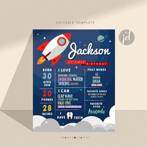 Rocket Space Birthday Party Chalkboard Sign Poster 16x20 Rocket First Birthday Doljanchi Board Blast off Moon Stars Digital Printable