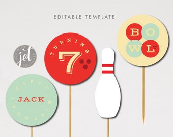 May include: A set of four printable cupcake toppers for a bowling-themed birthday party. The toppers feature a red circle with the number 7 and bowling pins, a green circle with the text "HAPPY JACK BIRTHDAY", a yellow circle with the text "BOWL", and a white bowling pin.