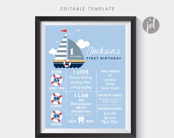 First Birthday Party Chalkboard Sign Poster 18x24 Nautical Sailor Ahoy First Birthday Doljanchi Board Digital Printable