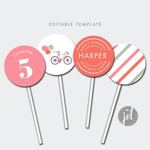Bicycle Pink Cupcake topper party Birthday Party, First doljanchi CUSTOM DIGITAL DOWNLOAD