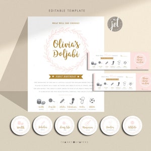 Doljabi Doljanchi Board Korean First Birthday Set Kit Custom Boy Girl Korean Dol Zhuazhou Modern Wreath Peach pink printable DIGITAL FILE