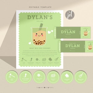 Peut inclure: Modèle modifiable pour un jeu "Que choisira Dylan ?". Un thé à bulles de dessin animé vert et brun avec un visage souriant se trouve au centre de la page. Le texte "DYLAN'S DOLJABI" est en haut de la page. Il y a deux billets en haut à droite de la page qui disent "Que choisira Dylan ?" et une rangée de six icônes en bas de la page qui représentent différents choix : la loi, le divertissement, la longévité, la richesse, l'érudit et le musicien.