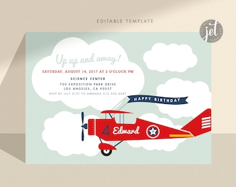 May include: A red and blue airplane with a white star on the side. The plane is flying in a blue sky with white clouds. The text "Up up and away!" is written in a white cloud. The text "Happy Birthday" is written on a blue banner. The text "4 Edward" is written on the side of the plane.