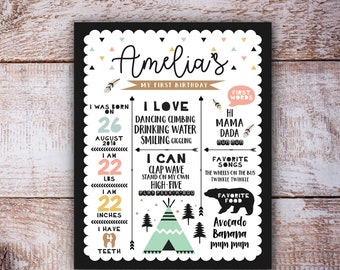 First Birthday Party Chalkboard Sign 16x20 Wild one tribal Milestone Doljanchi Board teepee black bear arrow feather arrow Digital Printable