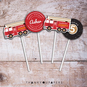 Topper de cupcake de camión de bomberos, fiesta de camión de bomberos, fiesta de cumpleaños de camión de bomberos, camión de bomberos vintage rojo, DESCARGA DIGITAL PERSONALIZADA