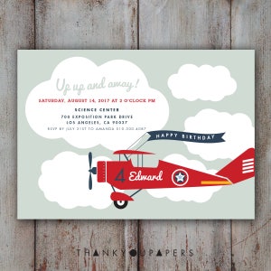 May include: A red and blue aeroplane with a white star on the side flies through a blue sky with white clouds. The plane has the number 4 and the name Edward on it. The text "Up up and away!" is at the top of the invitation. The text "Happy Birthday" is on a banner below the plane. The text "Saturday, August 14, 2017 at 2 o'clock PM" is below the banner. The text "Science Centre" is below the date. The text "700 Exposition Park Drive" is below the centre name. The text "Los Angeles, CA 90037" is below the address. The text "RSVP by July 31st to Amanda 510.300.4087" is below the city and state. The text "Thank You Papers" is at the bottom of the invitation.