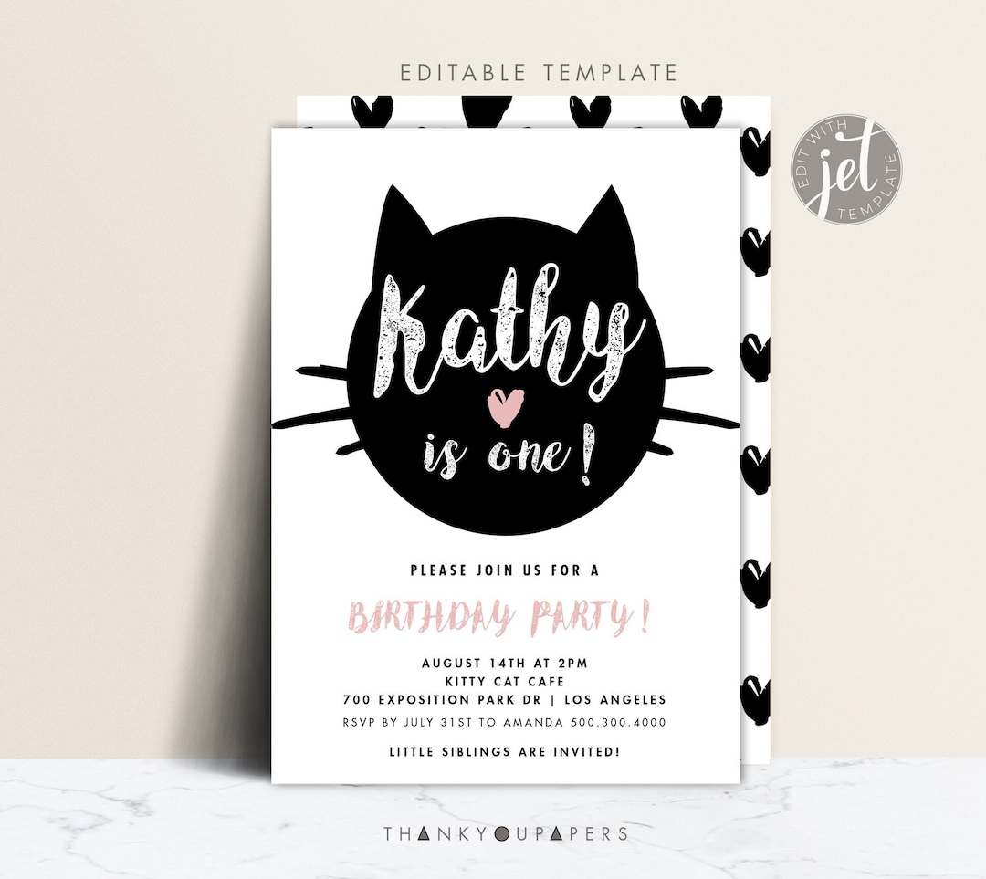 Cat Birthday Invitation, Printable, Black Cat Party Theme, Cat Theme ...