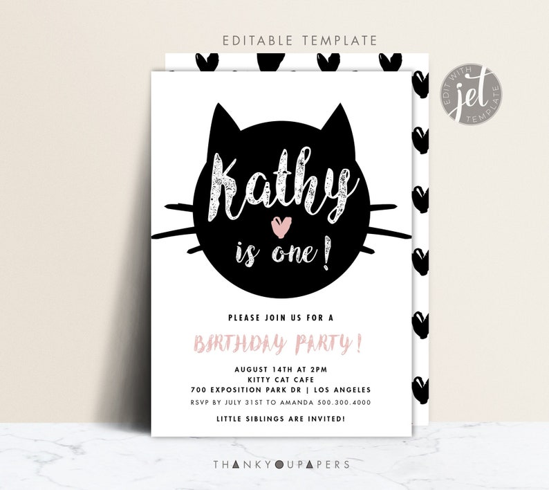Cat Birthday Invitation, Printable, Black Cat Party Theme, Cat Theme, pink heart, Halloween Party, Meow Kitty Cat Printable image 1