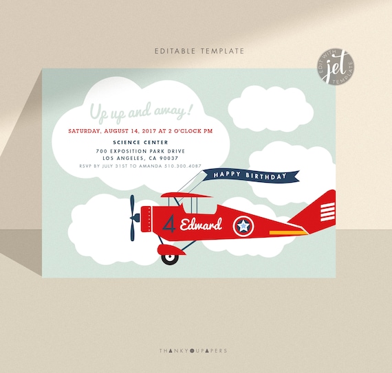 Airplane Invitation, Airplane Birthday Invitation, Airplane Party Invitation, red Vintage airplane cloud Invitation up away DIGITAL FILE
