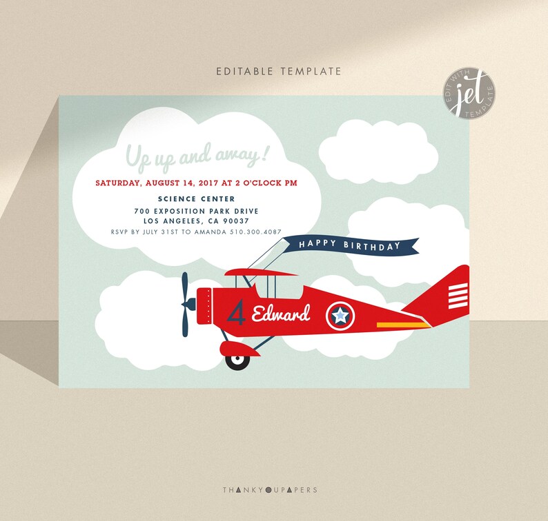 May include: A red and blue aeroplane with a white star on the side. The plane is flying in a blue sky with white clouds. The text "Up up and away!" is written in a white cloud. The text "Happy Birthday" is written on a blue banner. The text "4 Edward" is written on the side of the plane.
