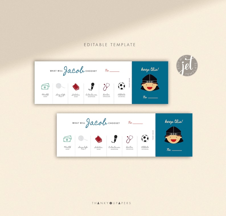 Pu&ograve; includere: Una carta di gioco stampabile con un design blu e bianco. La carta dice "Cosa sceglier&agrave; Jacob?" e presenta una serie di icone che rappresentano diversi percorsi di carriera, tra cui denaro, lunga vita, un libro, un microfono, uno stetoscopio e un pallone da calcio. La carta ha anche una sezione per il giocatore da conservare.
