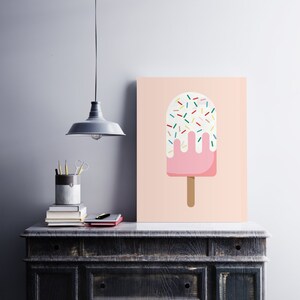 May include: A pink and white popsicle with colorful sprinkles on a light pink background.