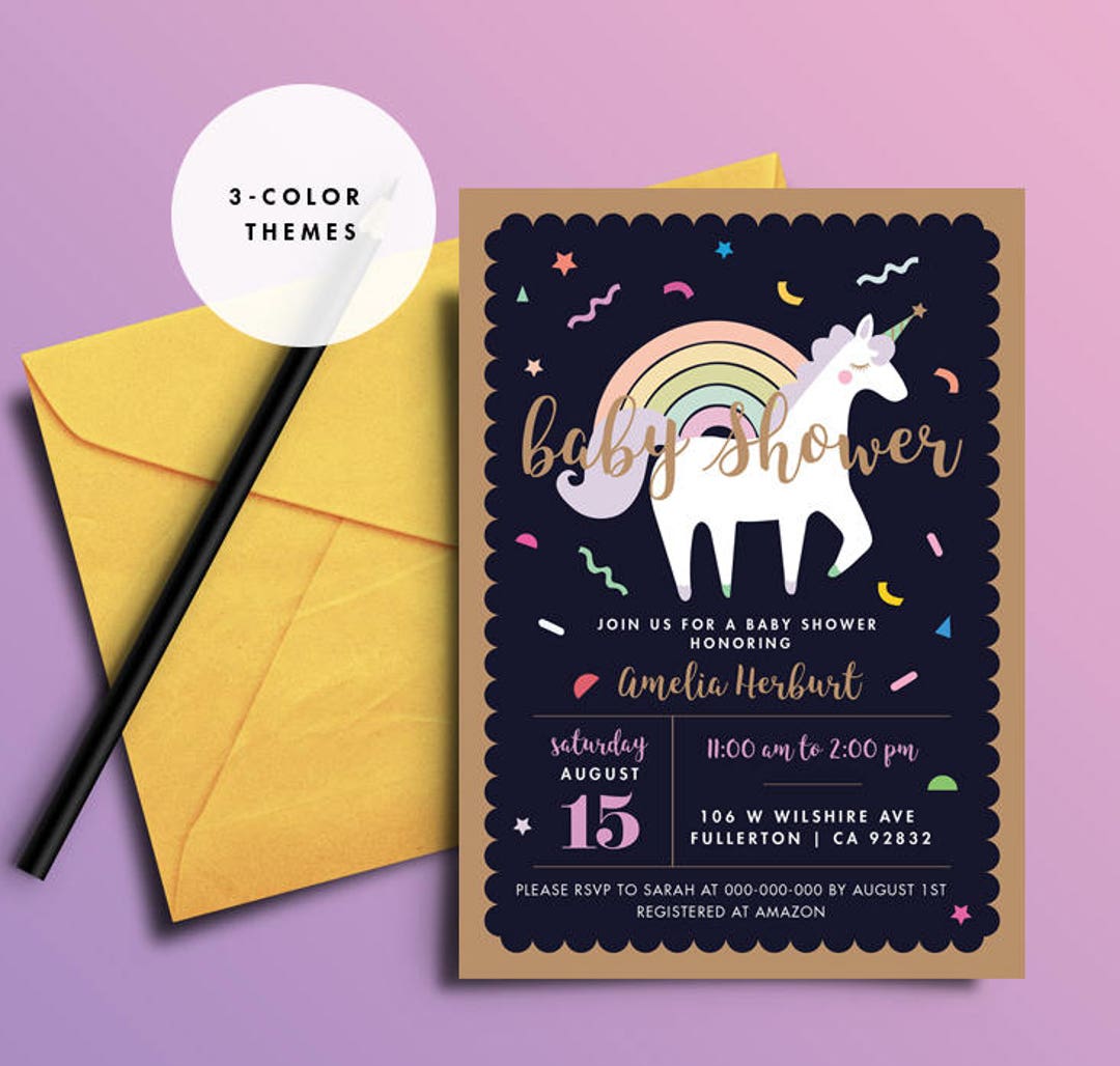 Unicorn Baby Shower Invitation Mint Midnight Blue Pink Baby Etsy