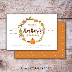 Fall Wreath Leaves Birthday Pumpkin Invitation Doljanchi Invitation watercolor Rustic orange DIGITAL FILE DIY