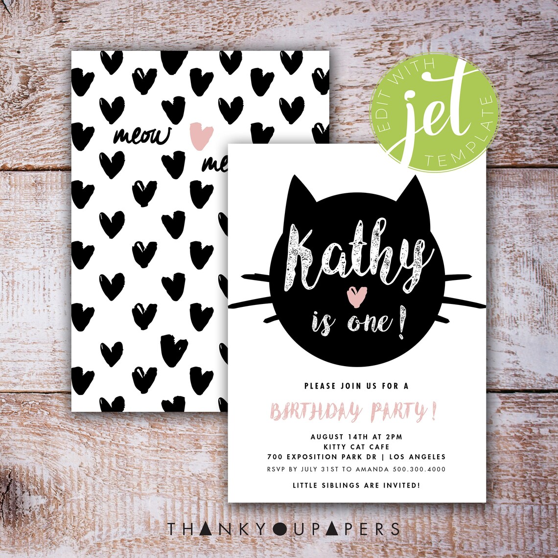 Cat Birthday Invitation Printable Black Cat Party Theme Cat - Etsy