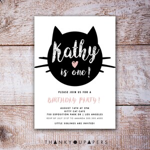 Cat Birthday Invitation, Printable, Black Cat Party Theme, Cat Theme, pink heart, Halloween Party, Meow Kitty Cat Printable image 3