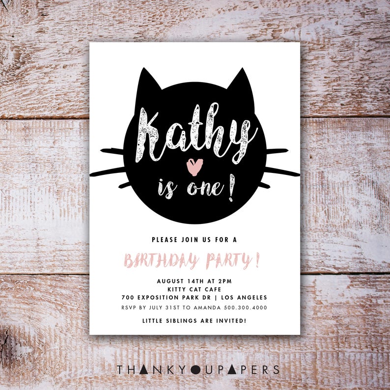 Cat Birthday Invitation, Printable, Black Cat Party Theme, Cat Theme, pink heart, Halloween Party, Meow Kitty Cat Printable image 3