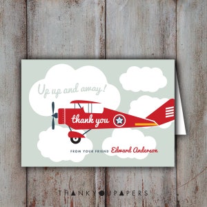 Flugzeug Dankeskarte, Flugzeug Geburtstag, Flugzeugparty, rotes Flugzeug Retro Wolke Vintage Flugzeug rot blau DIGITALE DATEI