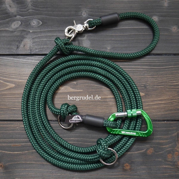 Tauleine, adjustable, dark green, dog leash with safety carabiner and scissor carabiner