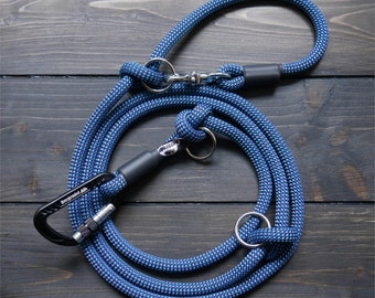 Adjustable dog leash made of climbing rope - safety carabiner & scissor carabiner - blue/dark purple