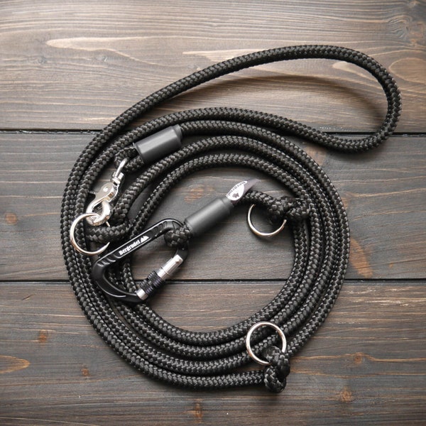 Tauleine, adjustable, dog leash with safety carabiner and scissor carabiner, color black