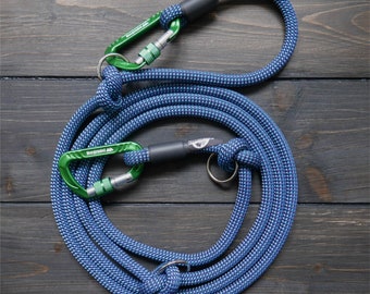 Adjustable climbing rope dog leash - blue/dark purple - safety carabiner