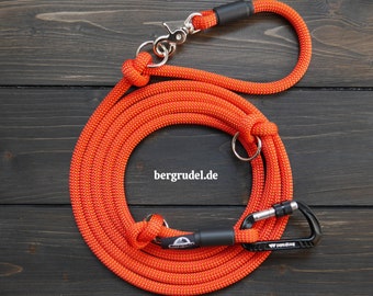 Adjustable Climbing Rope Dog Leash - Safety Carabiner & Scissor Carabiner - Red Orange