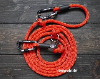 Adjustable dog leash made of climbing rope - red orange - safety carabiner