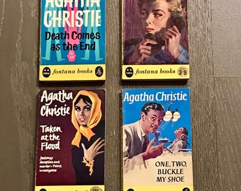 Agatha Christie/fab set of 4/1960’s Vintage Mystery Book Set/Classic Mystery/Fontana/ Crime Fiction/Queen of Crime Fiction/cool pulp covers.