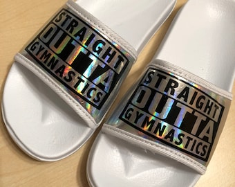 SIZE 3 to 4 - UK Kids/Teens/Youths - Super cute holographic star 'Straight Outta Gymnastics' / Personalised sliders