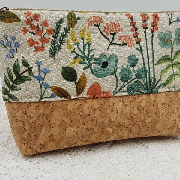 Kosmetiktasche mit Blumenmuster, Schminktäschchen Boho, Make up Tasche floral,Kulturbeutel Kork,