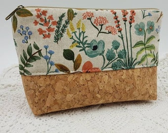 Kosmetiktasche mit Blumenmuster, Schminktäschchen Boho, Make up Tasche floral,Kulturbeutel Kork,