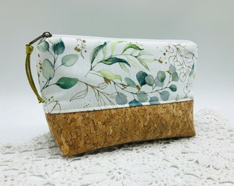 Kosmetiktasche mit Eukalyptus Muster, Schminktäschchen Boho, Make up Tasche floral,Kulturbeutel Kork,kleine Kulturtasche