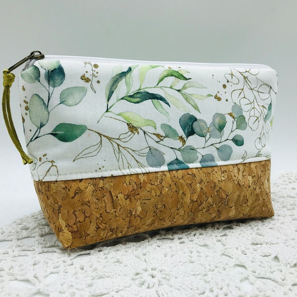 Kosmetiktasche mit Eukalyptus Muster, Schminktäschchen Boho, Make up Tasche floral,Kulturbeutel Kork,kleine Kulturtasche