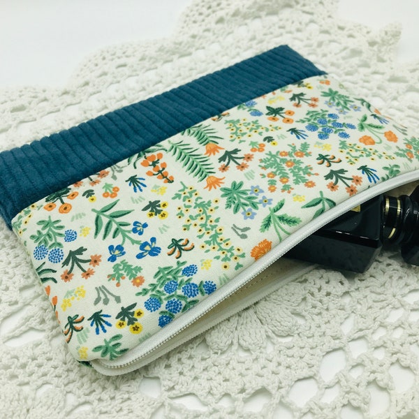 Cosmetic bag petrol, make-up bag flowers, make-up bag boho, corduroy bag,