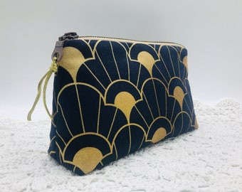 Kosmetiktasche Art Deco, Schminktäschchen blau, Make up Täschchen Schminke ,Kulturbeutel baumwolle