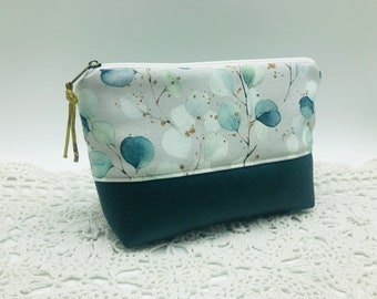 Kosmetiktasche mit Eukalyptus Muster, Schminktäschchen Boho, Make up Tasche floral,Kulturbeutel Kunstleder,kleine Kulturtasche