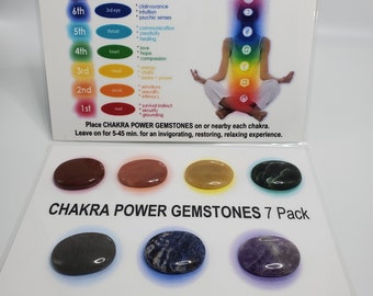 May include: A set of seven chakra power gemstones in a 7 pack. The gemstones are arranged in a row from left to right, with the colours corresponding to the seven chakras: red, orange, yellow, green, blue, indigo, and violet. The gemstones are labelled with the chakra name and the corresponding number. The card also includes a diagram of the chakras and their corresponding body parts.