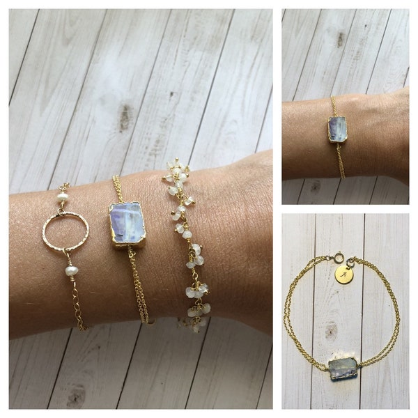 Personalized Moonstone Bracelet, Boho Chic Moonstone slice bracelet, Double Chain Gold Bracelet, Raw Moonstone bracelet, June Birthstone