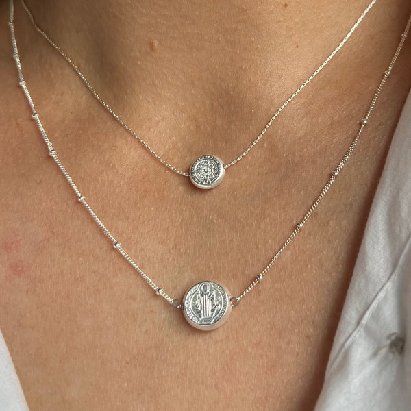 STERLING SILVER Saint Benedict Coin Necklace • Double Sided St Benedict and Cross Catholic Necklace • Health of Soul and Body • Protection