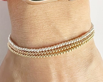 GOLD FILLED SILVER Beaded 3 mm Ball Bracelet • Gold Filled Layering Bracelet • Stacking Stretch Bracelets • Gold Beaded Bracelets • Dainty